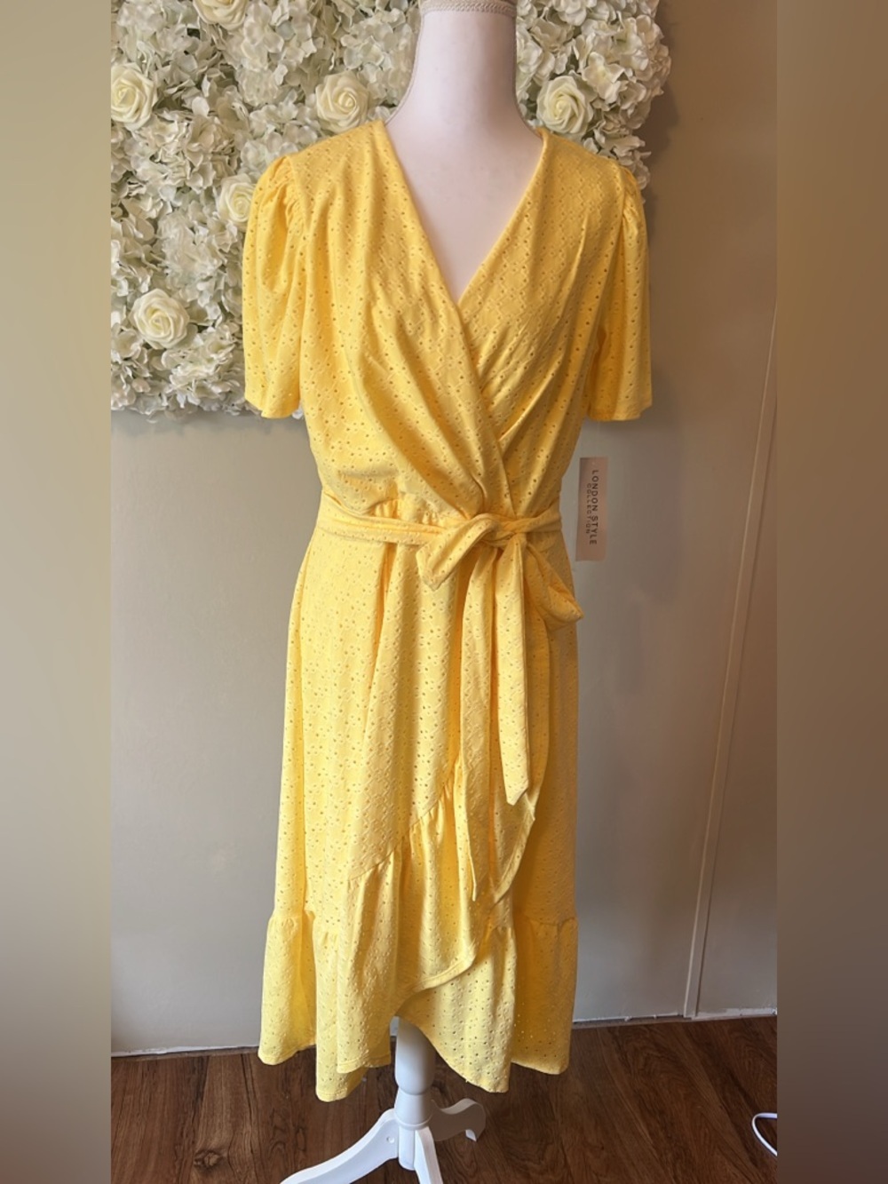 London Times Sunny Yellow Eyelet Wrap Midi Dress